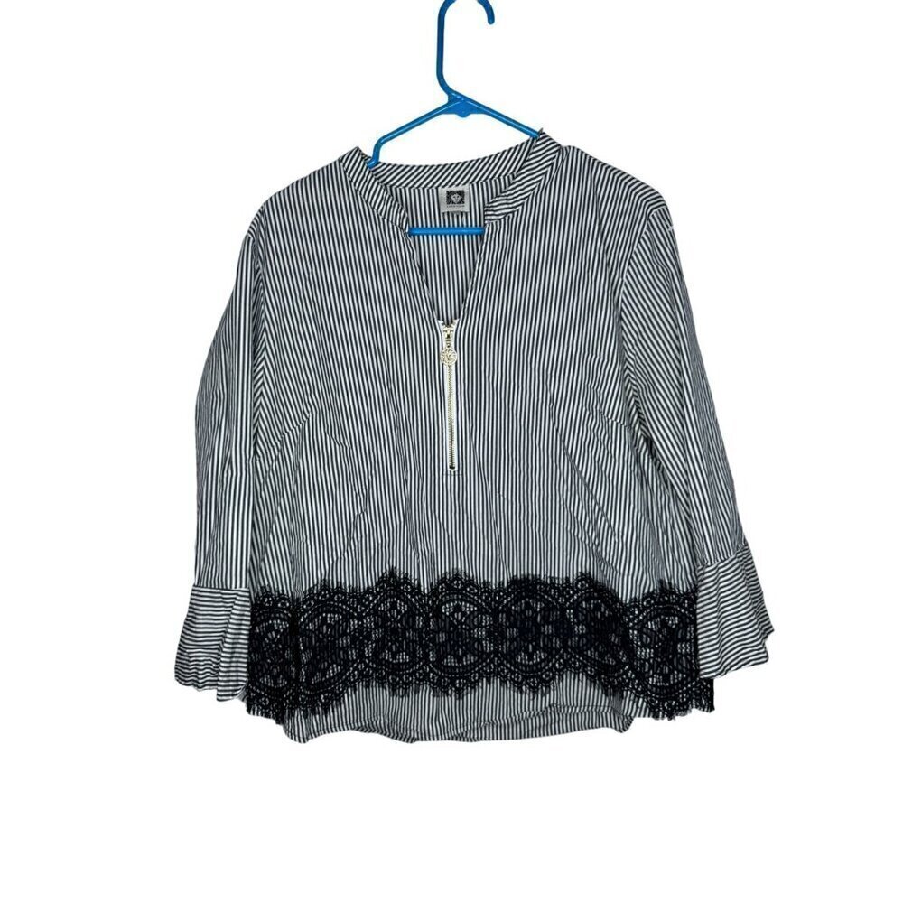 Anne Klein Cotton Blend Striped Lace Blouse Black X-Large